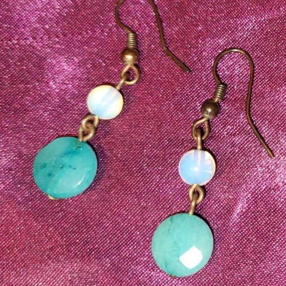 Gorgeous Brown Metal Hook Earrings with Blue Green Glass and Opalite Beads - Picture 1 of 3